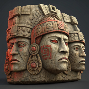 Ancient Mayan stone sculpture, depicting multiple human faces. Each face wears unique headgear and shows intense expressions. The sculpture's surface is weathered, with slight red hues.