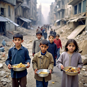 children in a city destroyed by war searching for food in the trash