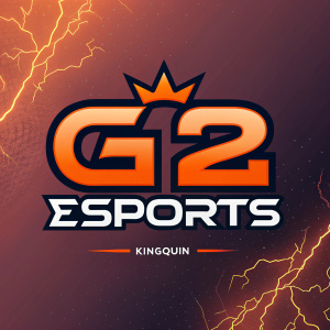 G2 Esports logo redesign. Dynamic emblem with 'G2 Esports' and 'Kingquin' text in bold, vibrant style. Dark gradient background with electrifying orange accents.