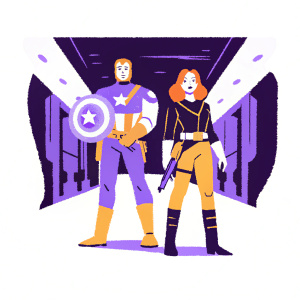 Chris Evans as Captain America and Scarlett Johansson as Black Widow, in their iconic superhero suits, standing in a dimly lit studio. The room is lined with flickering lights and futuristic props.