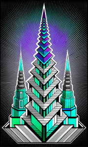 text "SPIRES"  front view, isometric grid, gothic, crystal spires, maritime