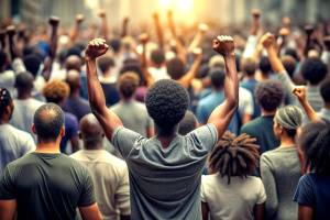 back view of African American people in a crowd fighting and protesting in the street with raised fists against racism and racial discrimination, for change, freedom, justice and equality - Black Lives Matter