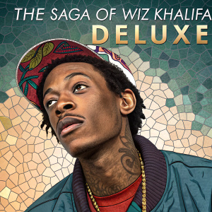 Digital portrait of Wiz Khalifa, album cover for 'The Saga of Wiz Khalifa Deluxe'. Vibrant mosaic style, textured background