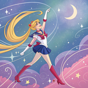 Sailor Moon in vibrant pose, adorned in her iconic sailor fuku costume. A galaxy of colors and shapes form the backdrop, creating an immersive, dreamlike setting.