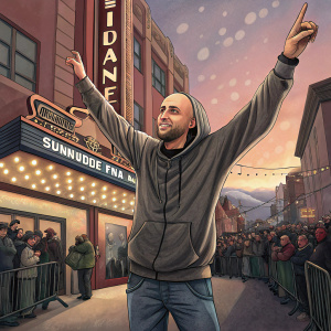 Shavo Odadjian, rockstar, poses outside the Sundance Film Festival. Wearing a casual hoodie and jeans. Arms raised, vibrant crowd in background