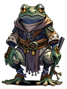 A character illustration of a dnd style adventure frog vibrant colors