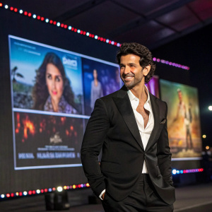 Hrithik Roshan, Indian actor, wearing a black suit and white shirt, posing confidently. Behind him, a large screen with Bollywood movie trailers.