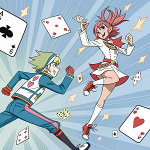 A dynamic comic panel, combining characters from Kiznaiver and Space Patrol Luluco. Stylized figures in action poses. Bold lines and vibrant colors typical of anime. Playing cards and numbers scattered across the scene.