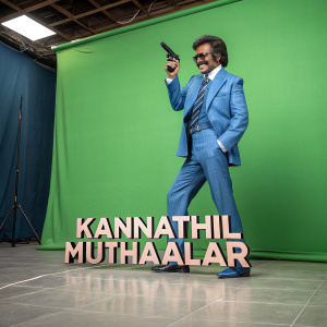 Promotional photo of Rajinikanth. Dressed in a blue suit, standing in front of a green screen. Rajinikanth's iconic smile, holding a gun. The word 'KANNATHIL MUTHAMALAR' written below in Tamil and English.