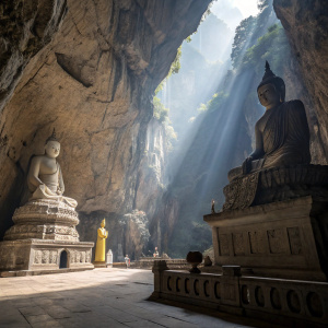 Photograph: Majestic limestone cave temple in Southeast Asia. Ancient Buddha statues carved into rockface. Various poses and attire.