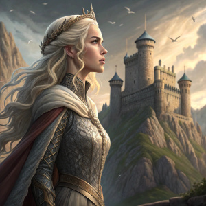 Daenerys Targaryen, with long flowing hair, in a powerful stance. Dragonstone castle as background.