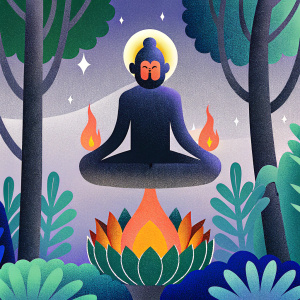 Hanuman, the monkey god, in deep meditation. Floating above a vibrant green forest. Surrounding by digital flames, 3D model.