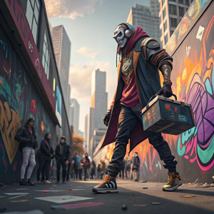Jhin, a League of Legends champion, in a vibrant street art scene. Graffiti and bustling city backdrop