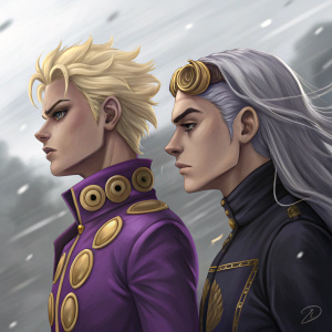 Digital artwork featuring Giorno Giovanna and Leone Abbacchio from JoJo's Bizarre Adventure. Giorno with blonde hair and a purple outfit adorned with gold, Leone with long gray hair and a dark outfit featuring gold accents. The background is abstract and blurred.