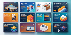 Selling design courses on social networks. Posts vector sets of marketing channels. Unique geometric modern square template, social media poster mockups and social media promo banner design.