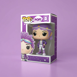 Packaging of Funko Pop! Vinyl Figure. Vibrant purple and white hues, Pop! logo visible. Character with unique hairstyle and accessories, smiling face. Protective clear wrap, eye-catching design.