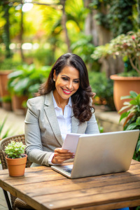 mujer latina emprendedora con su laptop recibiendo dinero por ventas fondo ecológico