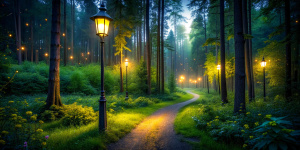 Dark mysterious woods in the evening. Disney-style landscape. Bright, vibrant colors. Tiny glowing fireflies in the air. A lot of green. There is an old lamppost in the clearing.