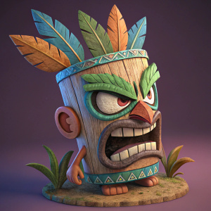 Cartoony 3D model of a tiki figure. Angry face, wooden texture. Green, blue and brown details sticking out. Set against a purple background. Digital art