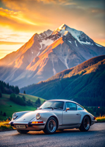 MOUNTAIN  porsche 911 The image is captured using a Leica M6 film camera with 35mm film, and the lighting is set during the golden hour for a warm and inviting glow.