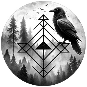 vegvisir runes geometric symbol - raven and trees - tattoo design - perfect realistic art - high-definition - grey and black - white background 