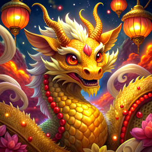 A majestic golden dragon with intricate scales and piercing eyes. The gold baby dragon is surrounded by an array of colorful Chinese lanterns, which cast a warm, festive glow over the scene. A white rabbit is waving hand to the dragon. In the background, an impressive fireworks display illuminates the night sky, contributing to the festive atmosphere. The overall composition is dynamic and visu