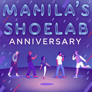 Promotional poster for Manila's ShoeLab anniversary celebration. A vibrant collage of diverse performers in casual to streetwear outfits. Event details include main artist, performances, and date prominently displayed.