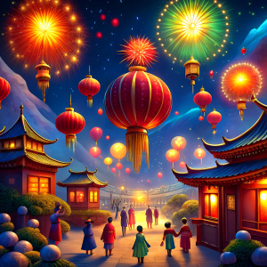 people celebrating chinese new year,brilliant fireworks,  lantern,children wearing red color chongsam,realisic