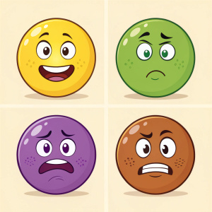 Cartoon emoticons grid. Yellow, green, purple, and brown faces showing a range of emotions like happiness, surprise, sadness, and anger. Each emoticon has big features and expressions.