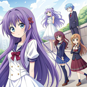 A variety of anime characters, each with long purple hair and expressive blue eyes. Some wear school uniforms, others sport elegant dresses, while some are in casual outfits. Their poses range from relaxed to dynamic, capturing diverse moods and styles. Artwork is in vivid, colorful anime style.