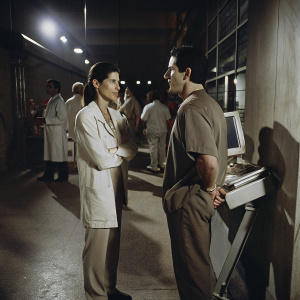 Jill Hennessy as Dr. Jordan Cavanaugh and Charles Mesure as J.D. Pollack, from 'Crossing Jordan', in a bustling hospital scene. Bright artificial lights, medical equipment, and other staff in the background. The duo are standing close to a computer screen, in a candid snapshot.