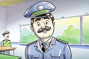 Caricature style, teacher in the police uniform at a school board and students,  by Ilya Ostroukhov, excessivism, hyper-realistic