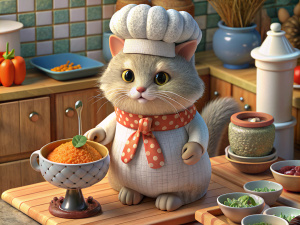 A cat wearing a tiny chef's hat cooking a miniature meal in a scaled-down kitchen.