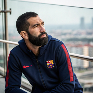 Arda Turan, ex-Barcelona player, poses with serious expression. Dark blue jacket with red logos. Blurred cityscape background.