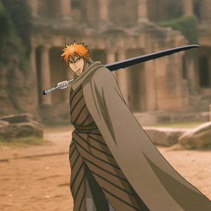 Ichigo Kurosaki from 'Bleach'. Striking pose, orange hair, big sword, long cloak, striped clothes. Intense look. Background: ancient ruins. Muted earth tones. Anime style.