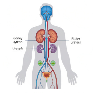 Detailed illustration of the human urinary system. Kidney, bladder, ureters, urethra labeled. Simplified color palette.