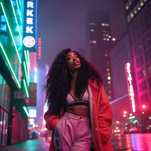 SZA's 'Love Galore' album cover. Neon lights and colorful cityscape backdrop.