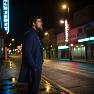 Toby Kebbell, bearded actor, in a navy suit. Standing alone on an empty street at night. Neon signs in the background.