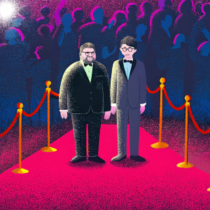 Kristian Nairn and Isaac Hempstead Wright, dressed in formal attire, at the 'Game of Thrones' season 6 premiere. Crowded red carpet with flashing cameras