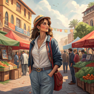 Penelope Cruz, standing in a bustling market square. Dressed in a casual yet stylish outfit, casual and relaxed demeanor. The scene is vibrant with market stalls and shoppers in the background.