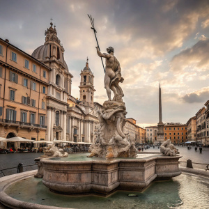 The Fountain of Neptune in Piazza Navona, Rome. Ornate stone structure, intricate carvings, featuring Neptune statue.