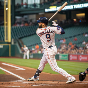 Marwin Gonzalez, baseball player, number 9 jersey. In the middle of hitting a pitch at the stadium.