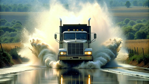 1978 Mack semi-truck, front view, on the road, going trough a puddle, splashing a lot of water on one side