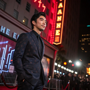 Close-up of Ludi Lin. Wearing dark suit with subtle pattern. Standing in front of neon-lit cityscape. Event: Premiere of John Wick Chapter Two