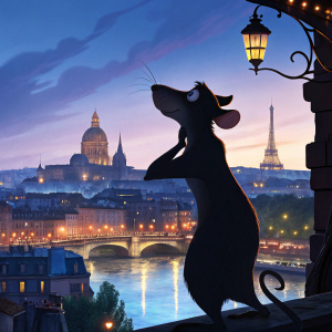 A promotional image for Ratatouille showcasing a character silhouette against a vibrant city backdrop, rendered in a whimsical, cartoonish style.