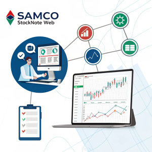 Infographic showcasing Samco StockNote Web. An intuitive web-based trading platform offering features such as customizable watchlists, smart search capabilities, trade execution for stocks and derivatives, technical analysis tools, and seamless deposits and withdrawals.