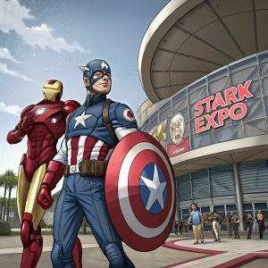 Digital illustration of Captain America and Iron Man. Stark Expo event. Iron Man stands prominently in the foreground, Captain America slightly behind, both wearing classic suits.