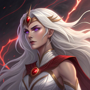 Diana, the Radiant Scion from League of Legends, depicted in a dynamic and dramatic pose. Long white hair, purple eyes, and a necklace with a red orb. Dark background with red accents. Highly detailed artwork.