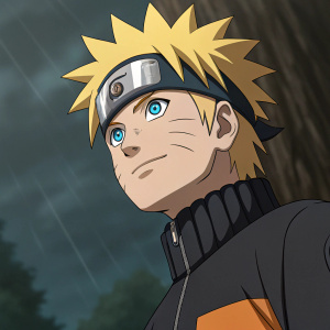 Digital illustration of Naruto Uzumaki. Blue eyes, spiky blonde hair, confident face. Dark, shadowy background.