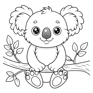 COLORING PAGE OF a cute koala sitting on a tree branch BLACK LINE ART, 